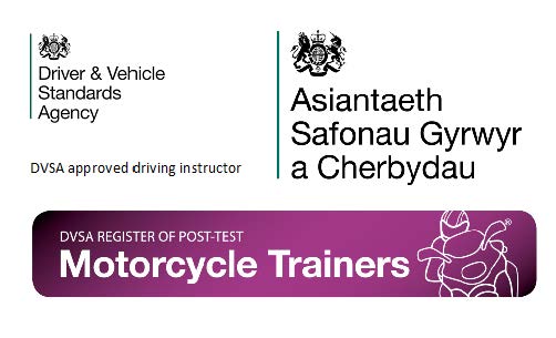 DVSA branding for: Driver and Vehicle Standards Agency, Asiantaeth Safonau Gyrwyr a Cherbydau, DVSA register of post-test motorcycle trainers