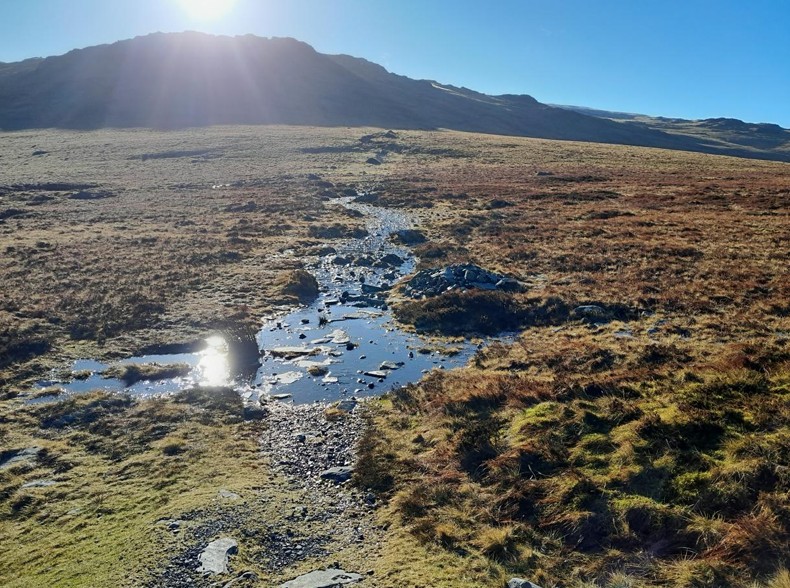 water lying on path across moorland