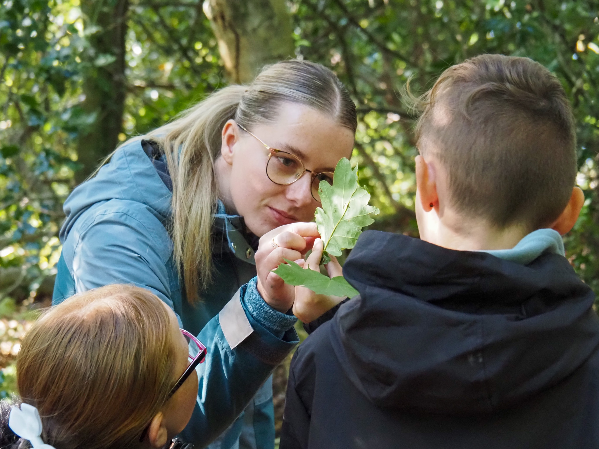 a member of staff and children looking at leaves together
