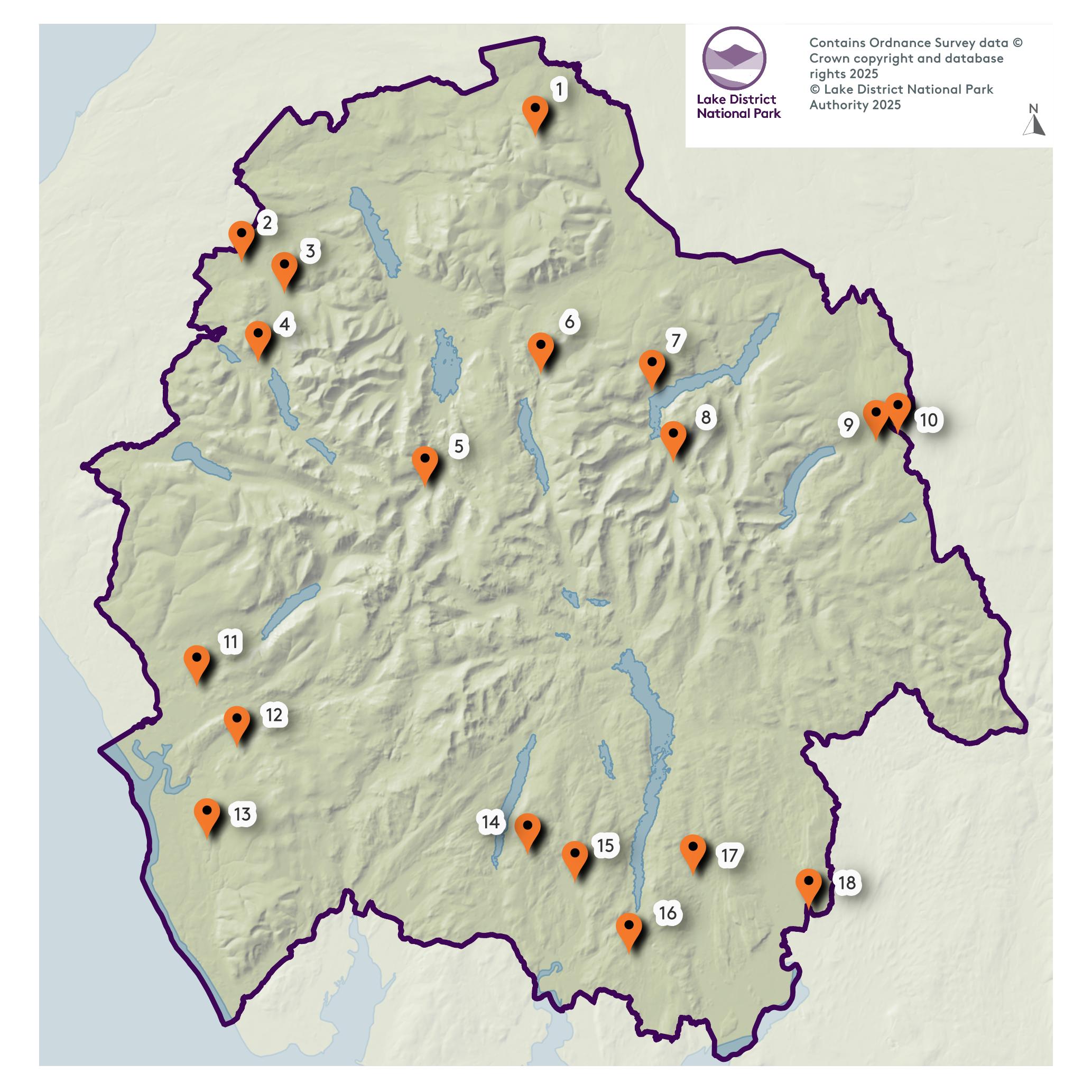 A map of the Lake District with points which correlate with the stories below and where they have taken place