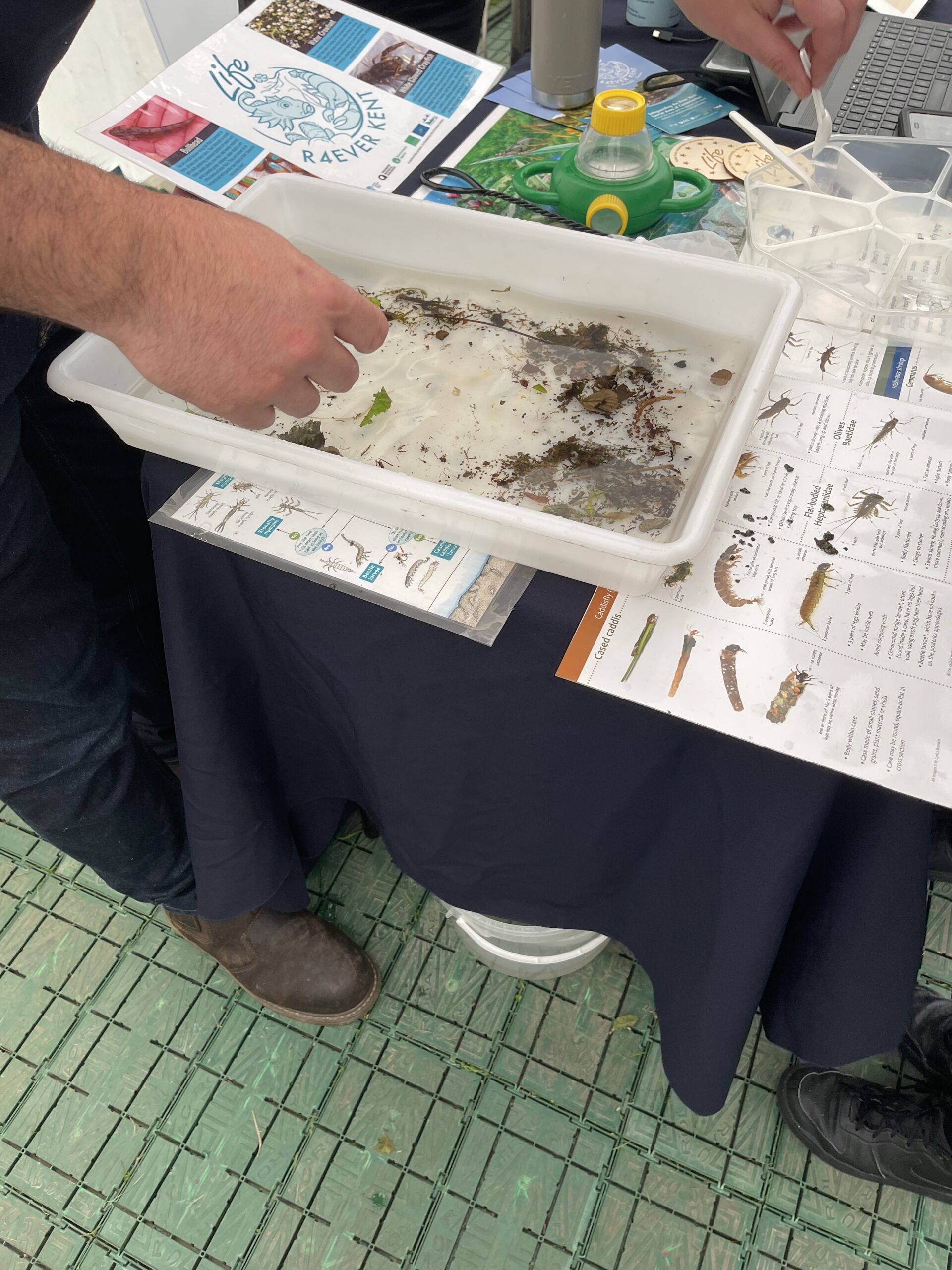 tub of water and river material on a table with printed learning materials