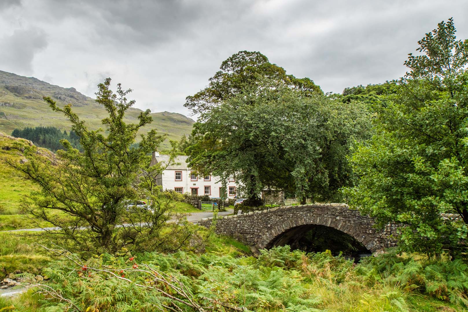 Stone bridge surrounded by greenery of trees and plants with a white house peeking through the trees.