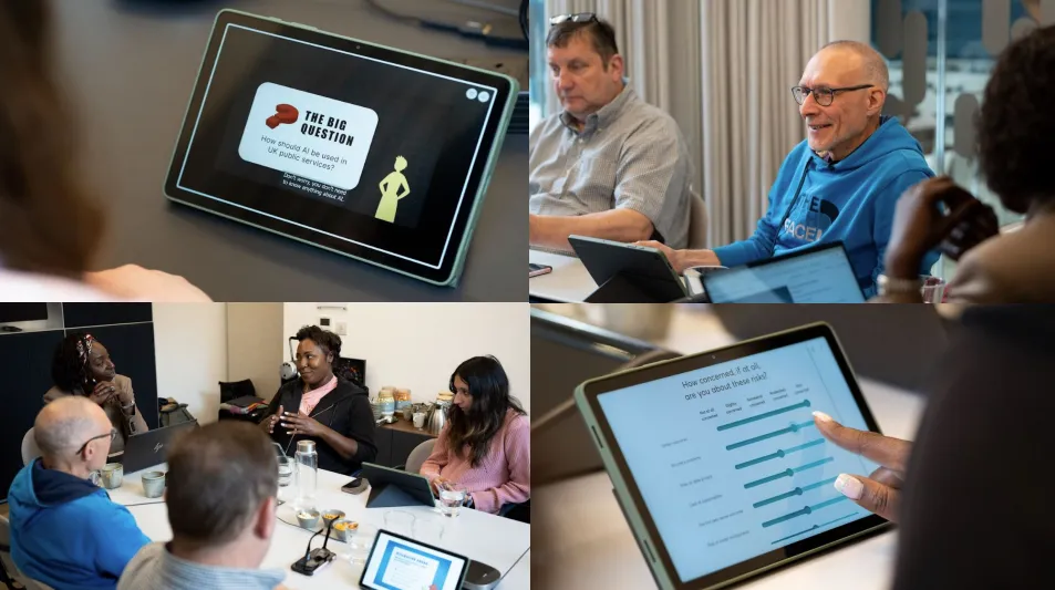 4 images of participants filling consultations on tablets around a table