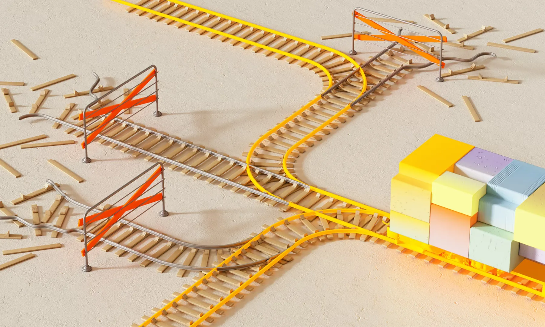 An illustration of train tracks branching off in different directions. Some ways are broken, so there are barriers to prevent access. The clear ways through are highlighted with coloured rails.