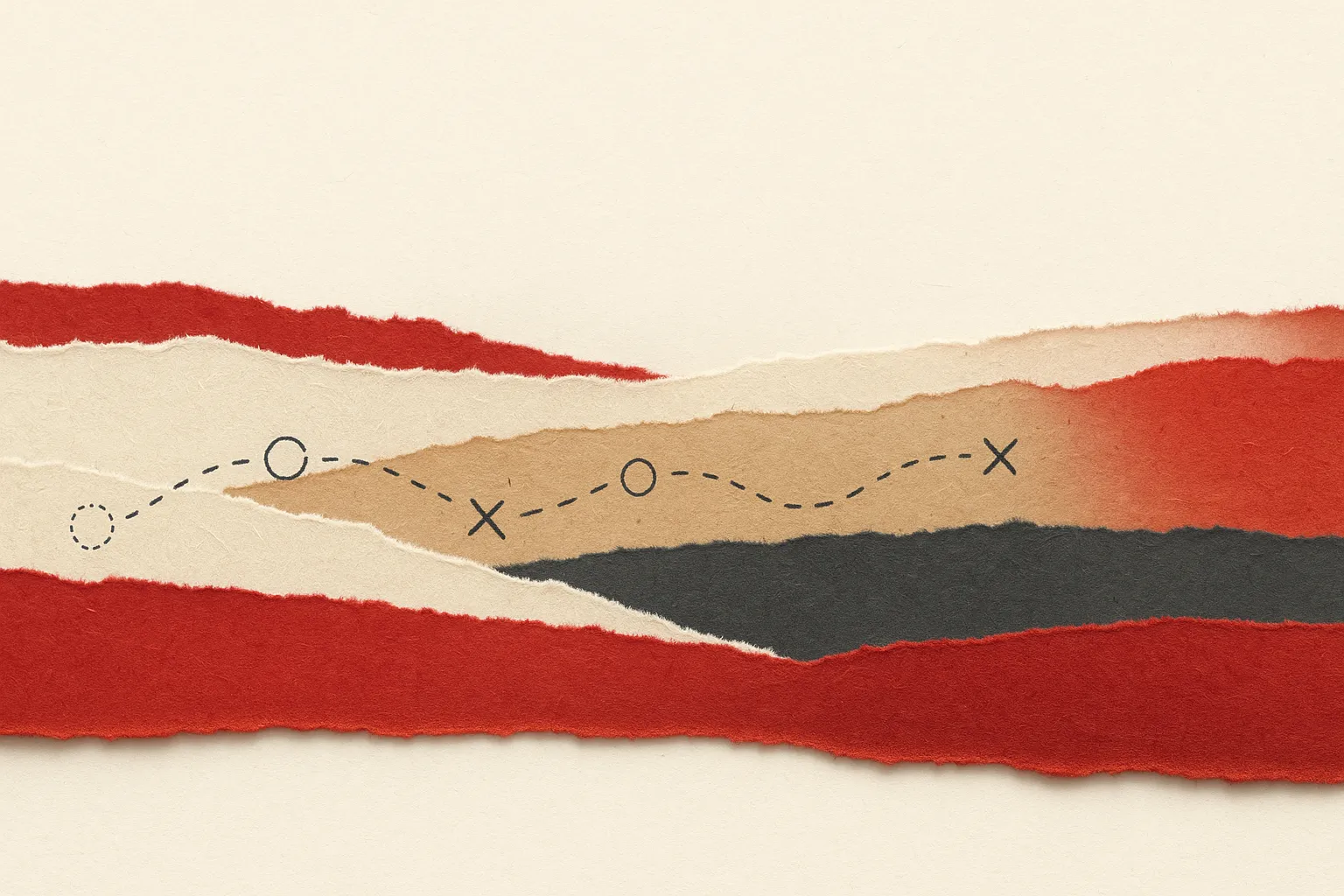 Textured paper layers with five subtle markers along a path.