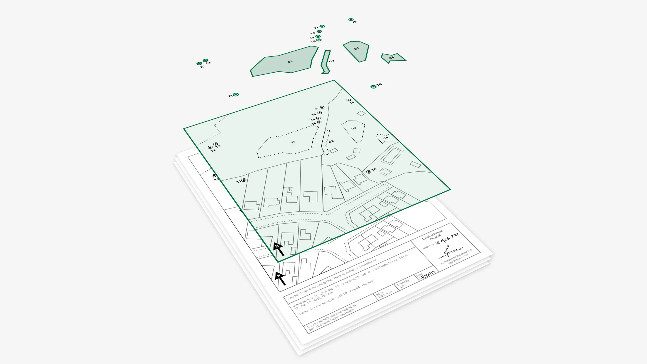 Scanned map with the different layers extended above