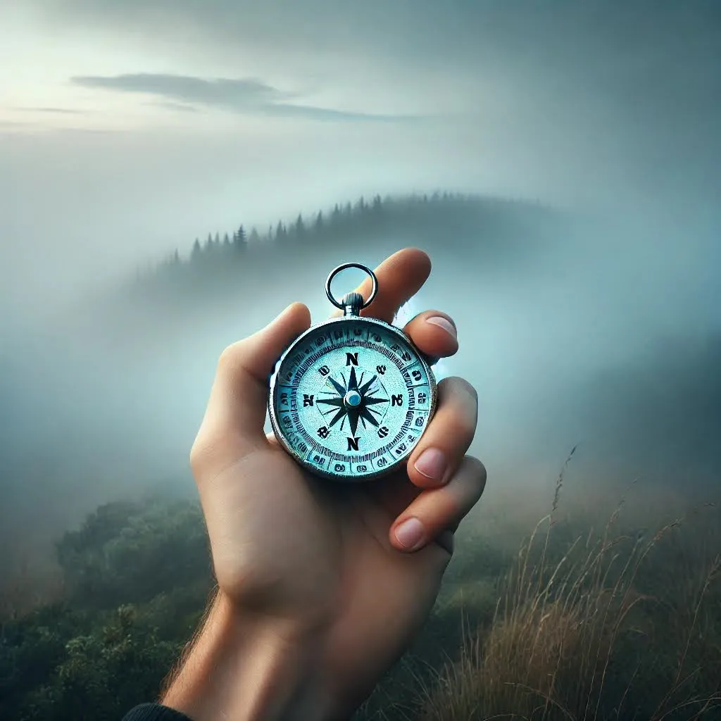 An AI-generated image showing someone trying to navigate themselves through the fog with a compass.