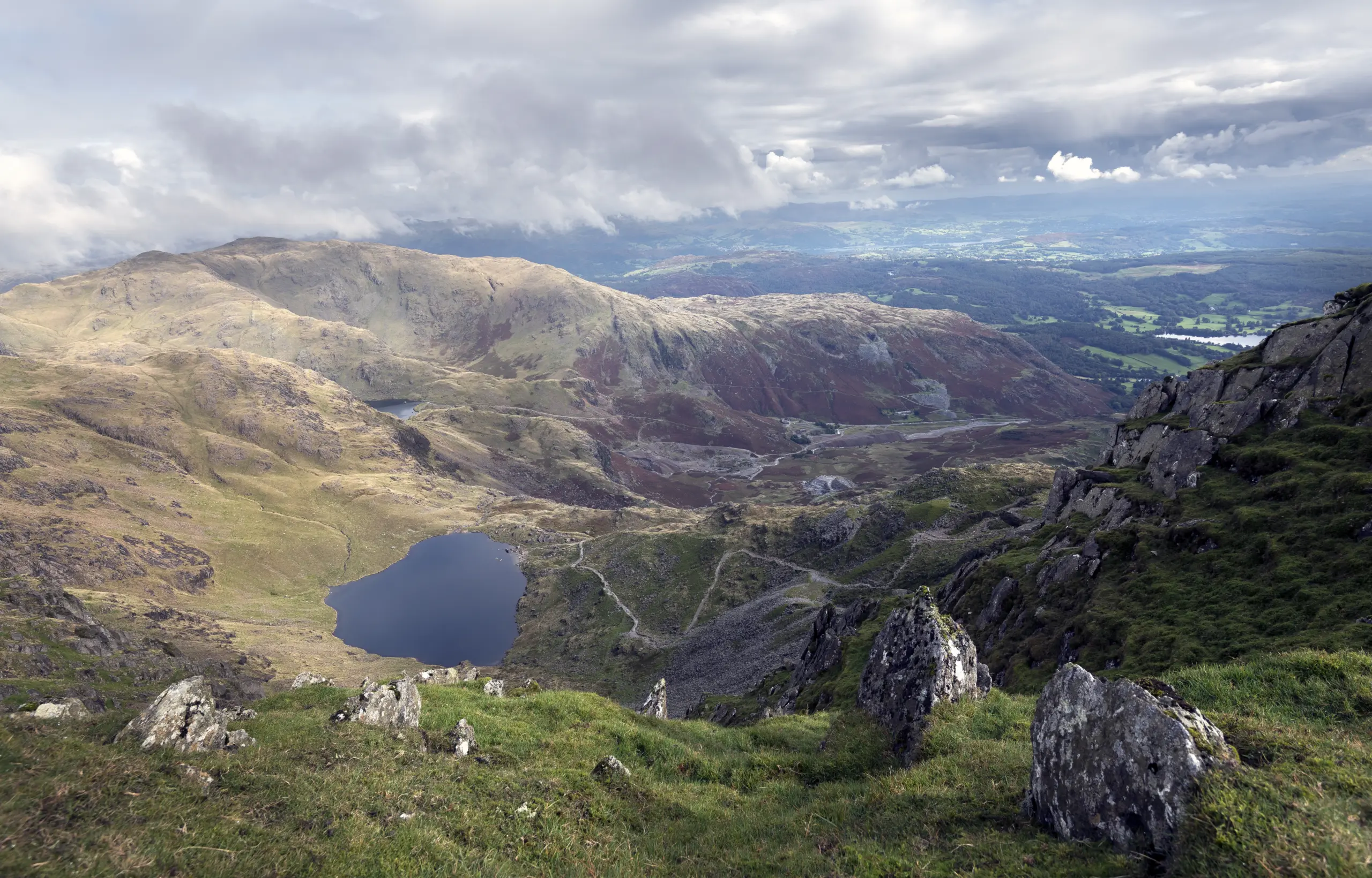 View from top of Coniston, cloudy day, fells and tarn