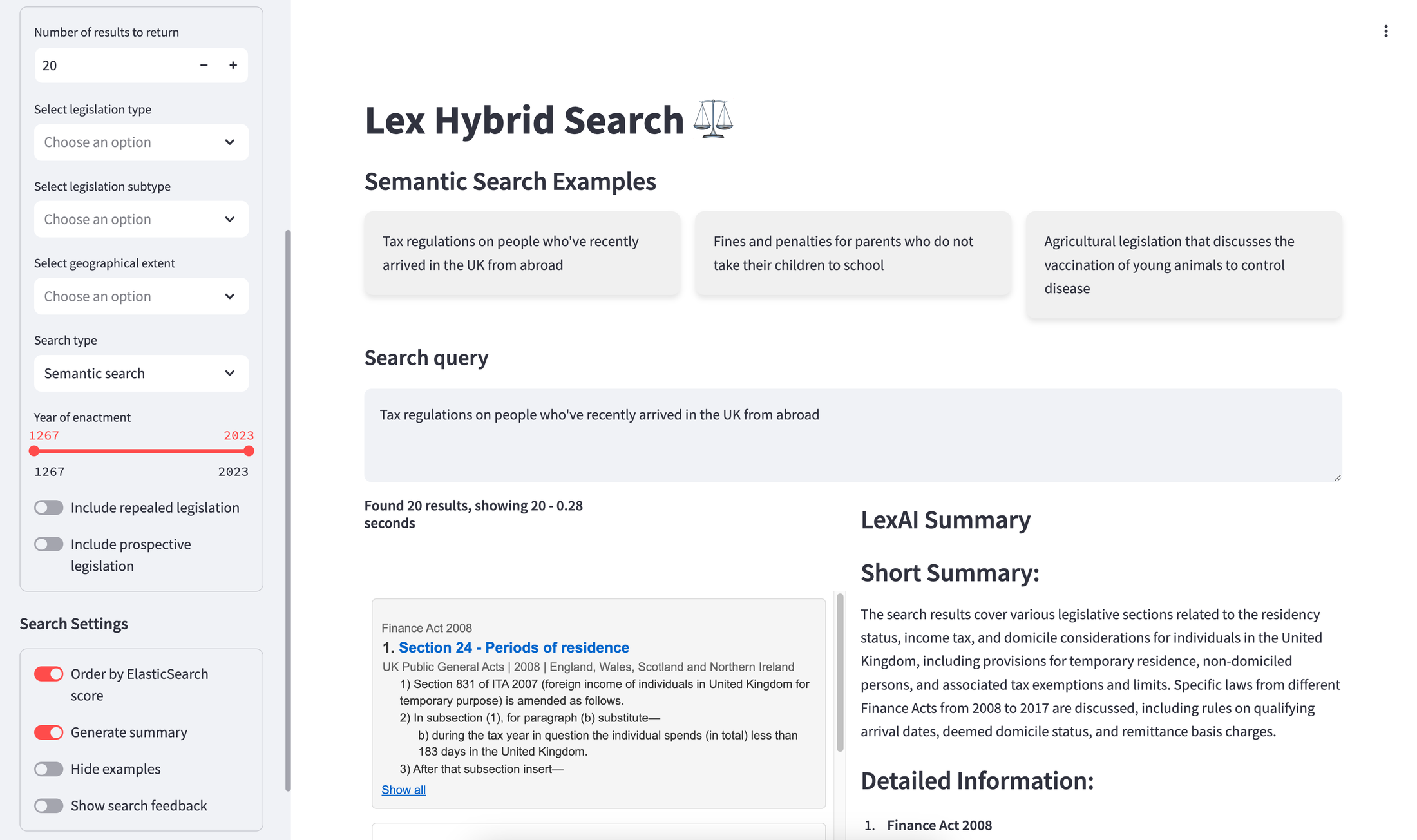 A screenshot of the Lex user interface, showing filters and settings on the left, and search results on the right.