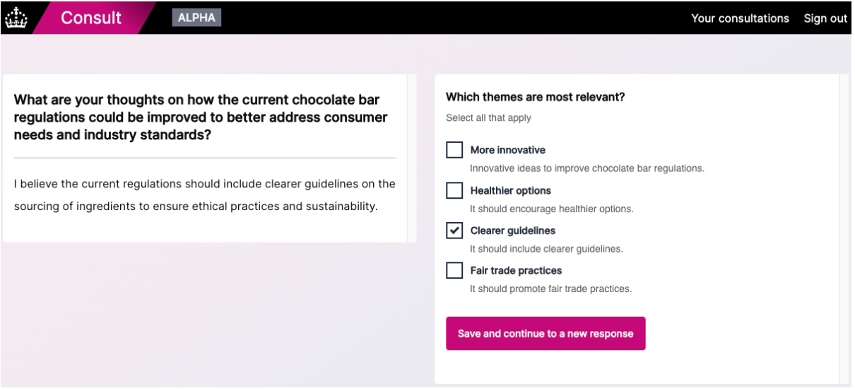 Screenshot showing a question a checkboxes to select the themes most relevant