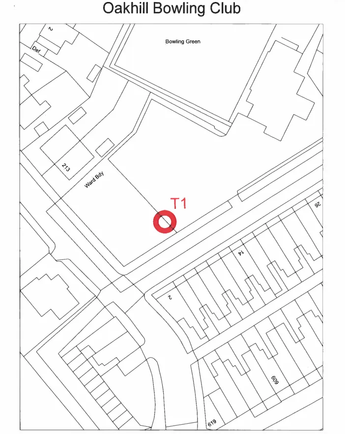 a map with Oakhill bowling club as a heading and a red circle with T1 in the middle