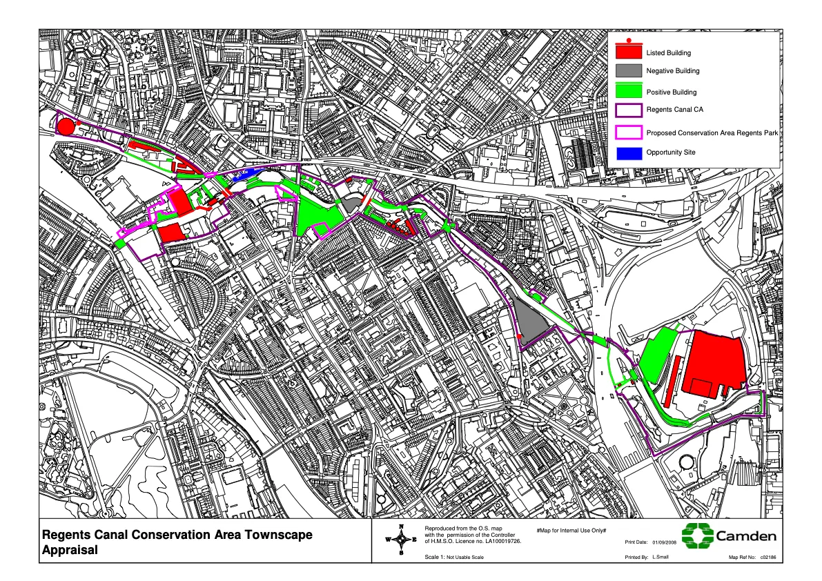A detailed and large scale street map with listed buildings shown in red, negative buildings shown in grey, postitive buildings in green, Regents Canal Conservation Area shown with a purple border, a proposed Conservation Area shown with a pink border and opportunity sites shown in blue.