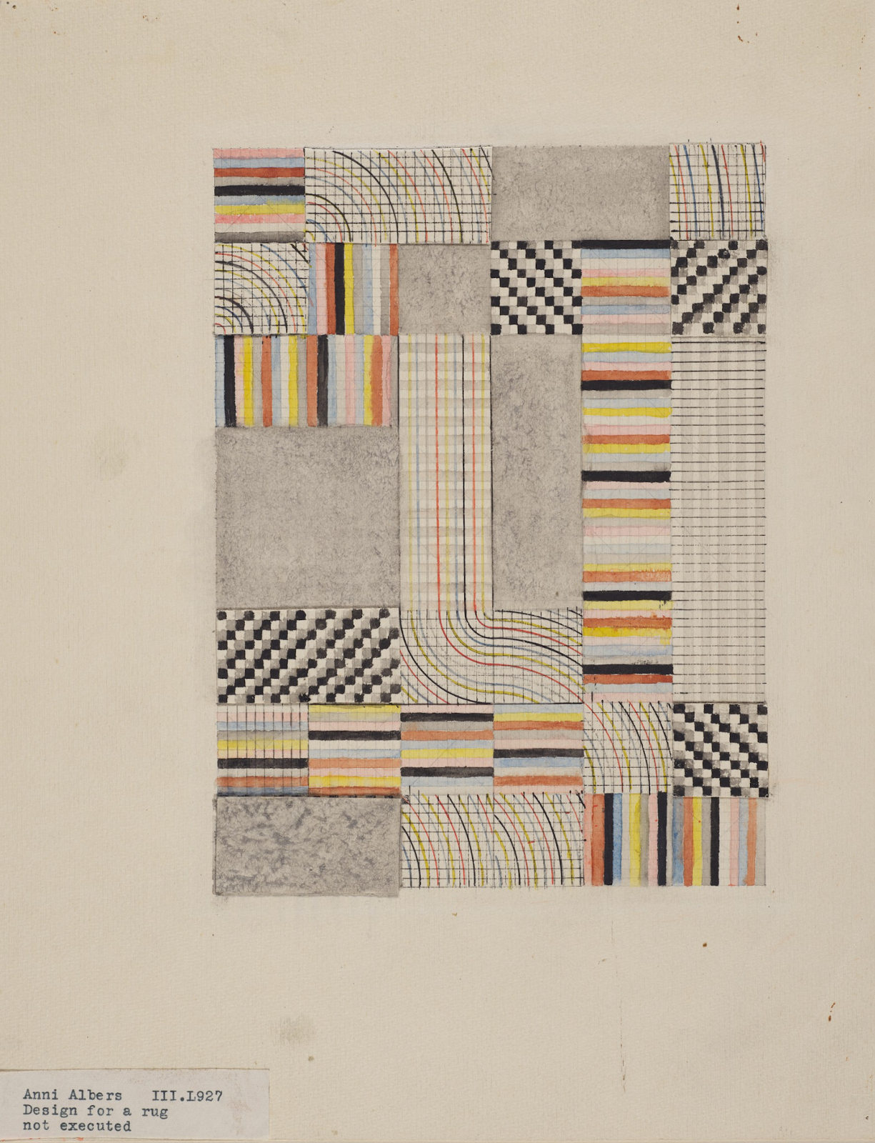 A colourful, geometric design for a rug by Anni Albers, created in 1927. The artwork, rendered in black ink and watercolour over graphite with additional cut paper elements, is set on off-white paper. The design consists of rectangular sections filled with various patterns, including checkered black-and-white squares, curved lines in rainbow colours, stripes, grids, and bands of yellow, orange, pink, blue, and black. The patterns are arranged in a structured, patchwork-like composition with contrasting textures. The label in the lower-left corner reads: "Anni Albers III.1927 Design for a rug not executed."