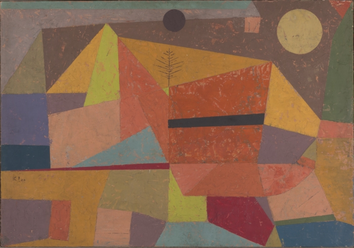 Joyful Mountain Landscape by Paul Klee, a vibrant abstract composition depicting a mountainous scene through layered, geometric shapes in earthy tones of orange, brown, yellow, and green. The painting combines simplified forms with expressive colour fields, creating a fragmented yet harmonious landscape. A small tree and a sun or moon are subtly incorporated, adding a sense of nature amidst the abstract forms. Klee's playful use of colour and shape captures the essence of a mountainous landscape in a whimsical, cubist-inspired style.