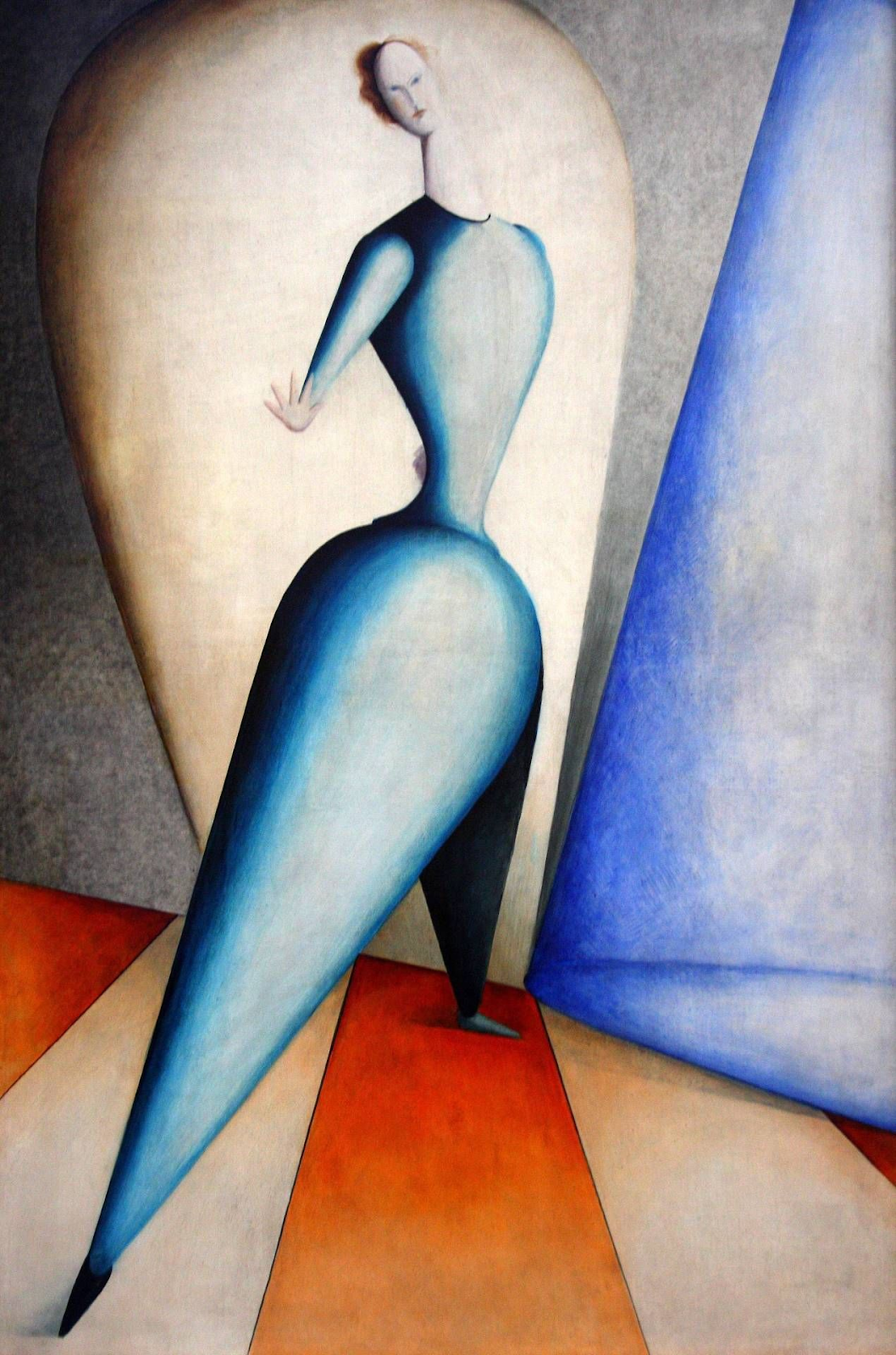 The Danceress (Gesture) by Oskar Schlemmer, depicting an abstracted figure with exaggerated, elongated limbs and a stylised, geometric form. The figure stands on a vividly coloured, patterned floor with a background of soft, gradient shadows and light, highlighting Schlemmer's exploration of the human body’s relationship to space, movement, and form. The surreal pose and streamlined shapes reflect Schlemmer's interest in transforming human figures into elements of geometric and theatrical composition.