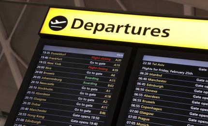 An airport departures board