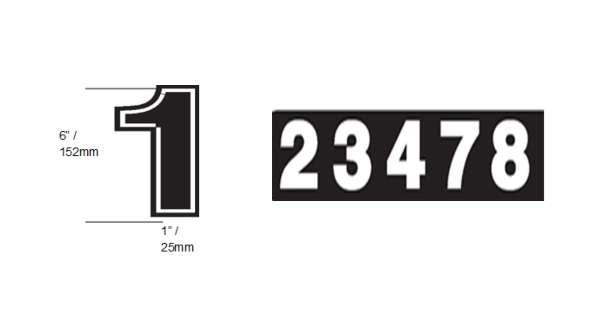 White numbers on a black background and a number 1 with measurements showing height of numbers
