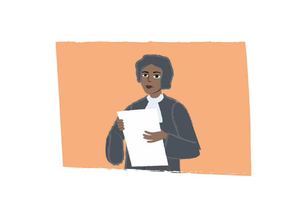 An illustration of a barrister holding a document
