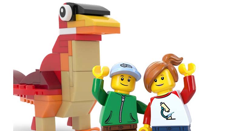 A lLEGO dinosaur with a LEGO man and woman