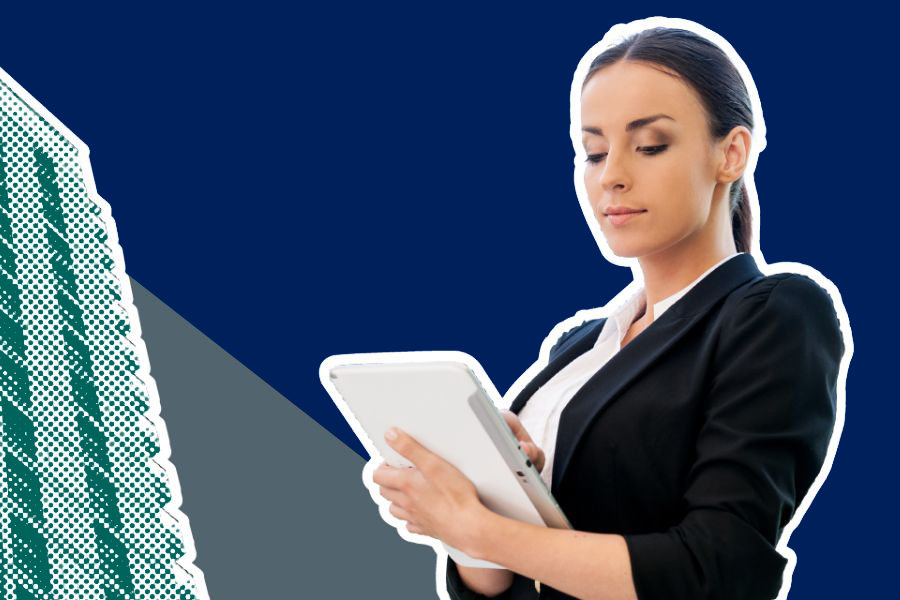 A person looking at a tablet device, with a dark blue background.