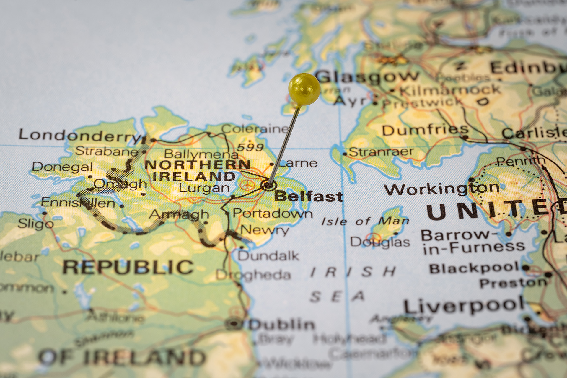 Map of Northern Ireland with a pin in it, demonstrating organisations that can provide finance support to veterans in Northern Ireland.
