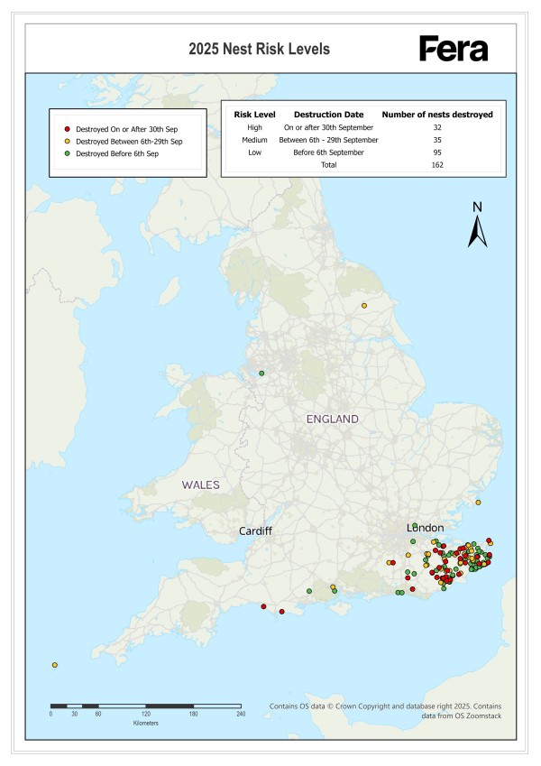 A map of England showing risk-rated locations of Yellow Legged Hornet nest found in 2025