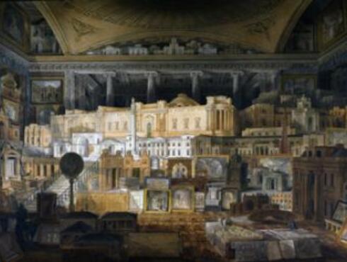 Drawing showing all Soane’s buildings built between 1808 and 1815 and drawn by Joseph Michael Gandy