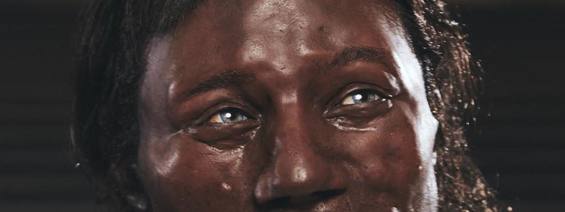 Close up of the model of Cheddar Man rendered by Kennis & Kennis Reconstructions