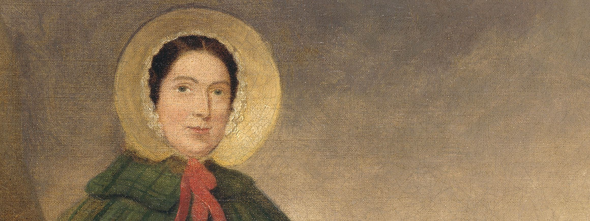 A section of a painted portrait of Mary Anning, showing details of her face.