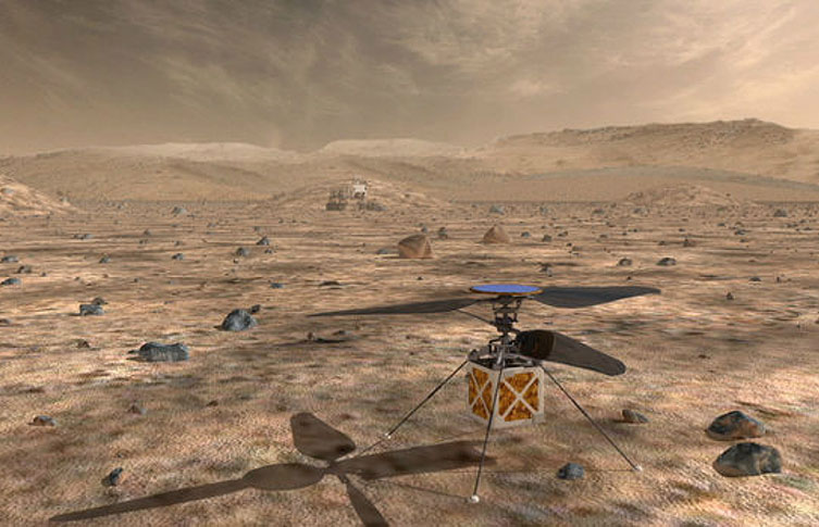 A comptuer generated picture of the small helicopter Ingenuity on Mars ready for take off.