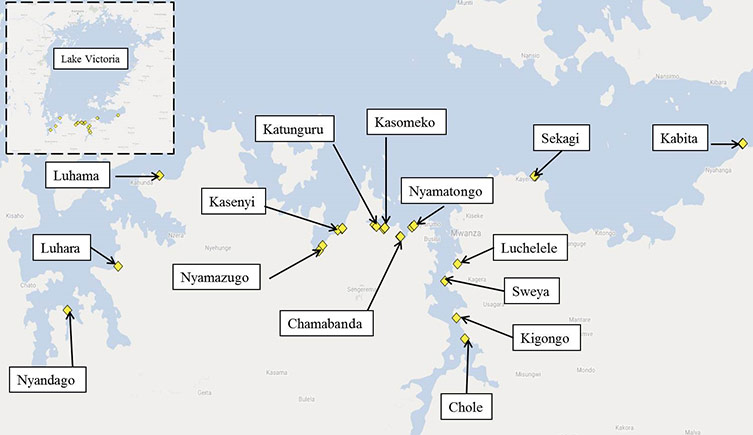 Map showing the sites sampled around Lake Victoria
