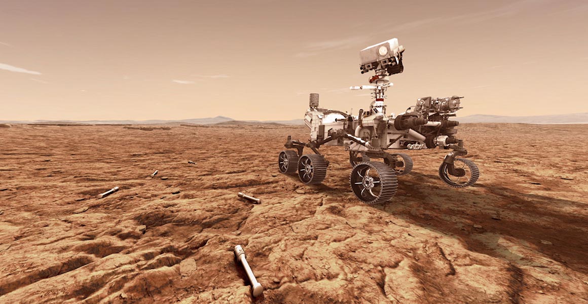 A reconstruction of the rover amid a Martian landscape.