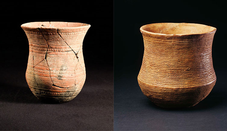 Beaker pottery from two different Bronze Age locations. The pot on the left is from Sierentz in France (© Anthony Denaire) , and from Bathgate in Scotland (© National Museums Scotland) on the right.