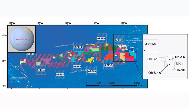A map of the study area in the CCZ, showing the mining exploration areas and the network of APEIs.