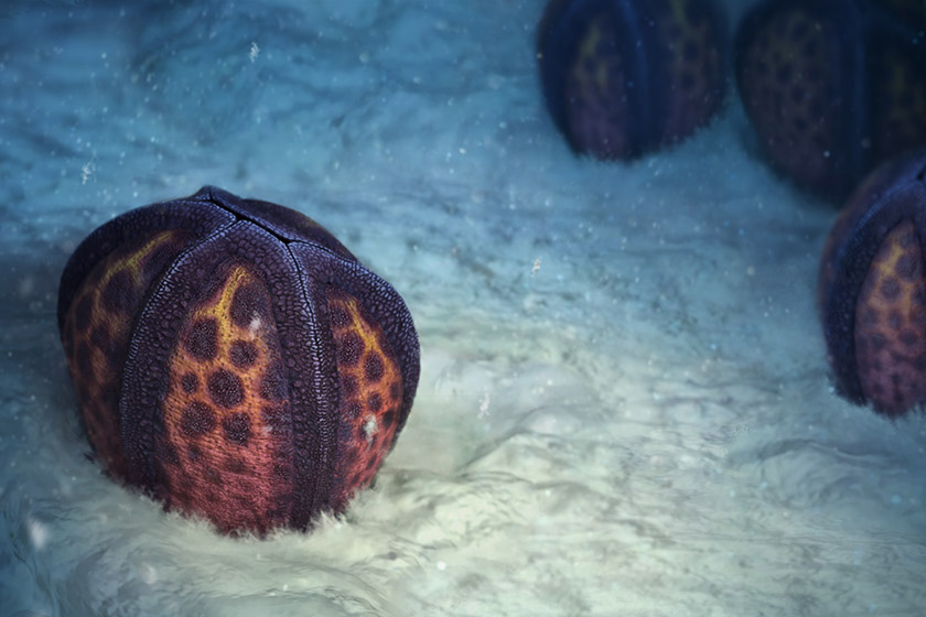 An artists reconstruction of a sea urchin-like echinoderm. It is a burnt orange-y colour, with purple splodges and lines running along it to a central point.