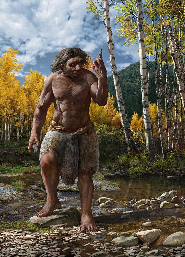 A full length portrait of Dragon Man, standing near a river.