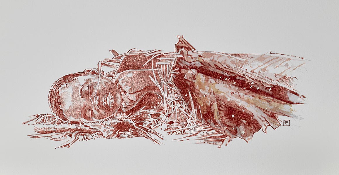 An artist's interpretation of the burial, which indicates that the child was placed in the grave carefully, with their legs drawn up and head places on a headrest. 