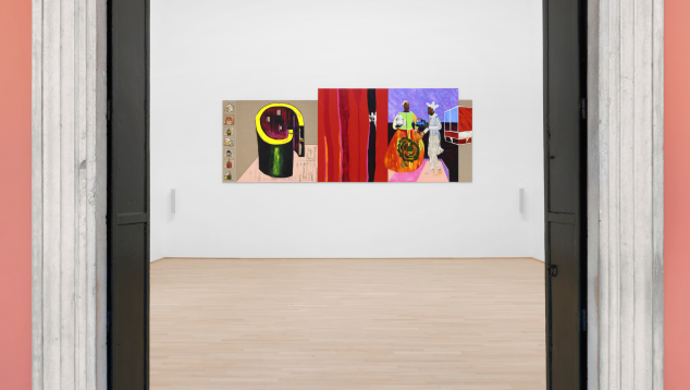 Contemporary paintings by Lubaina Himid, with bold reds, purples and greens arranged on a white gallery wall. Predicting History: Testing Translation - Room 1: Architects. Photo by Eva Herzog