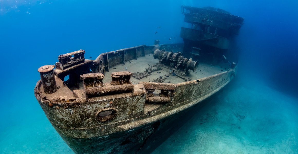 The rusting USS Kittiwake on the seafloor