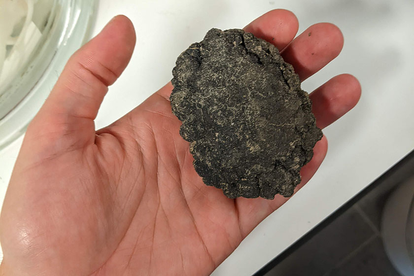 A grey-ish polymetallic nodule about the size of an apple being held in the palm of a hand.