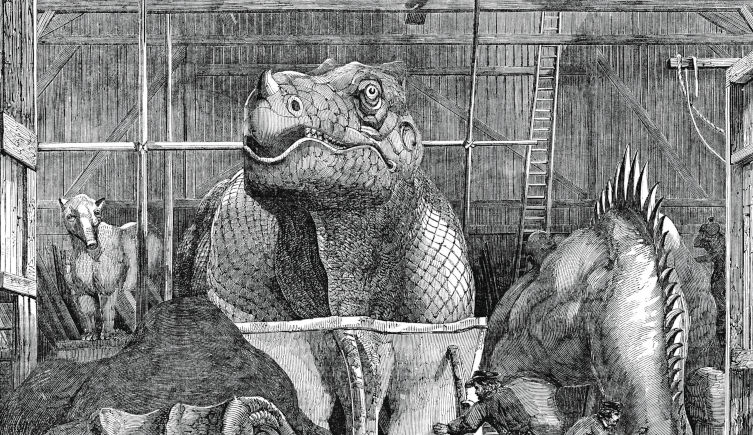 An illustration of Benjamin Waterhouse Hawkins' studio in Sydenham, with the Crystal Palace Dinosaurs in progress.
