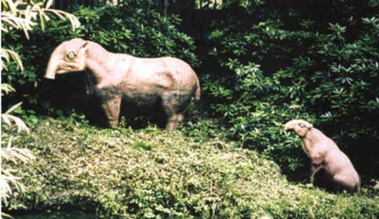 A photograph of the original Palaeotherium statue alongside Plagiolophus minor in the park in 1958.