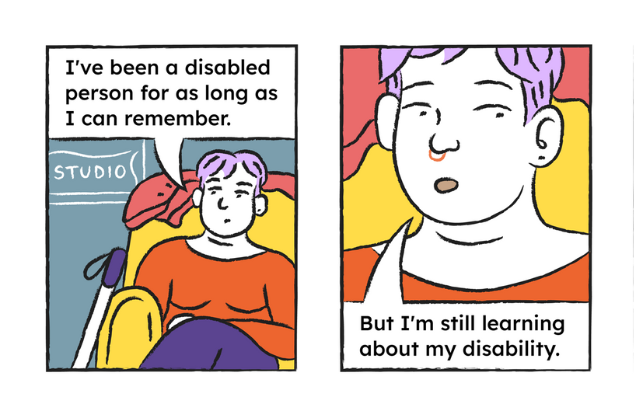  The Big Picture by Hatiye Garip - A comic strip with two frames. The first shows a person sat who is saying 'I've been a disabled person for as long as I can remember'. The second frame is a close up of the person saying, 'But I'm still learning about my disability'.