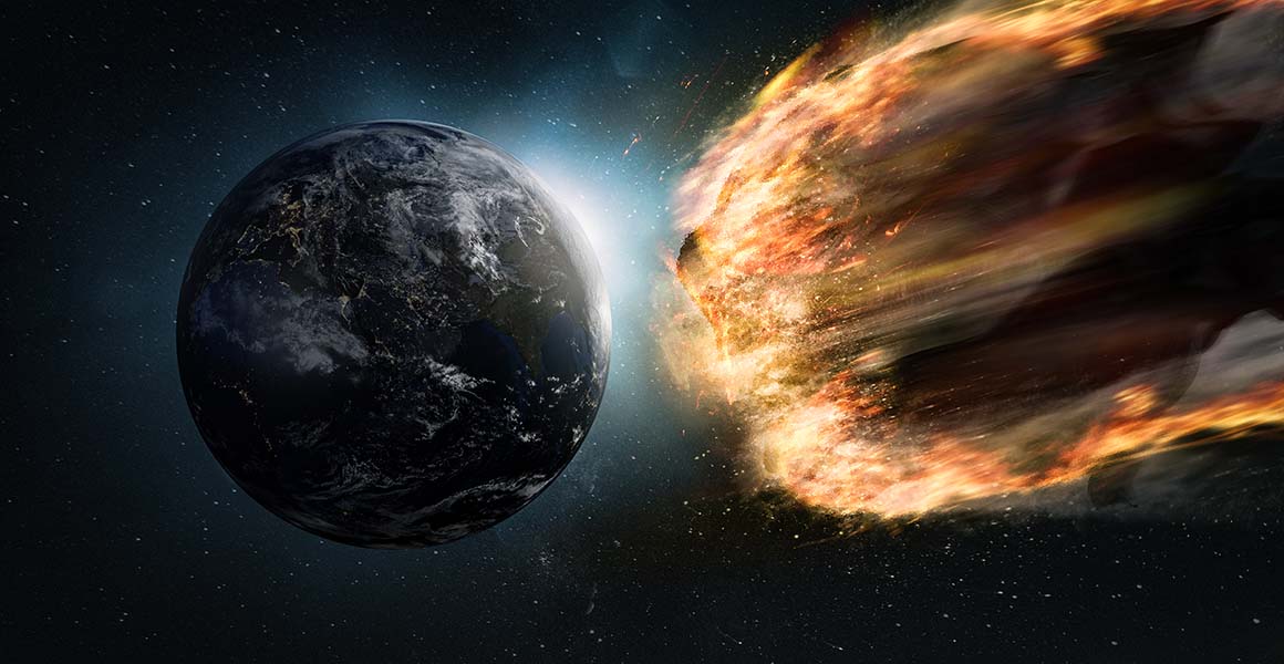 An artist's impression of a flaming asteroid hurtling towards Earth.