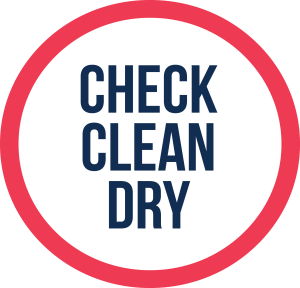 Navy text in a white circle with red outline reads 'Check Clean Dry'