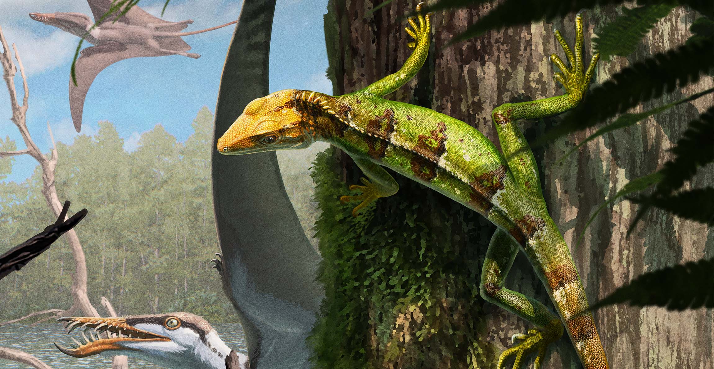 A painting of a green and brown reptile with a yellow head hanging off the trunk of a tree with pterosaurs flying past in the distance.