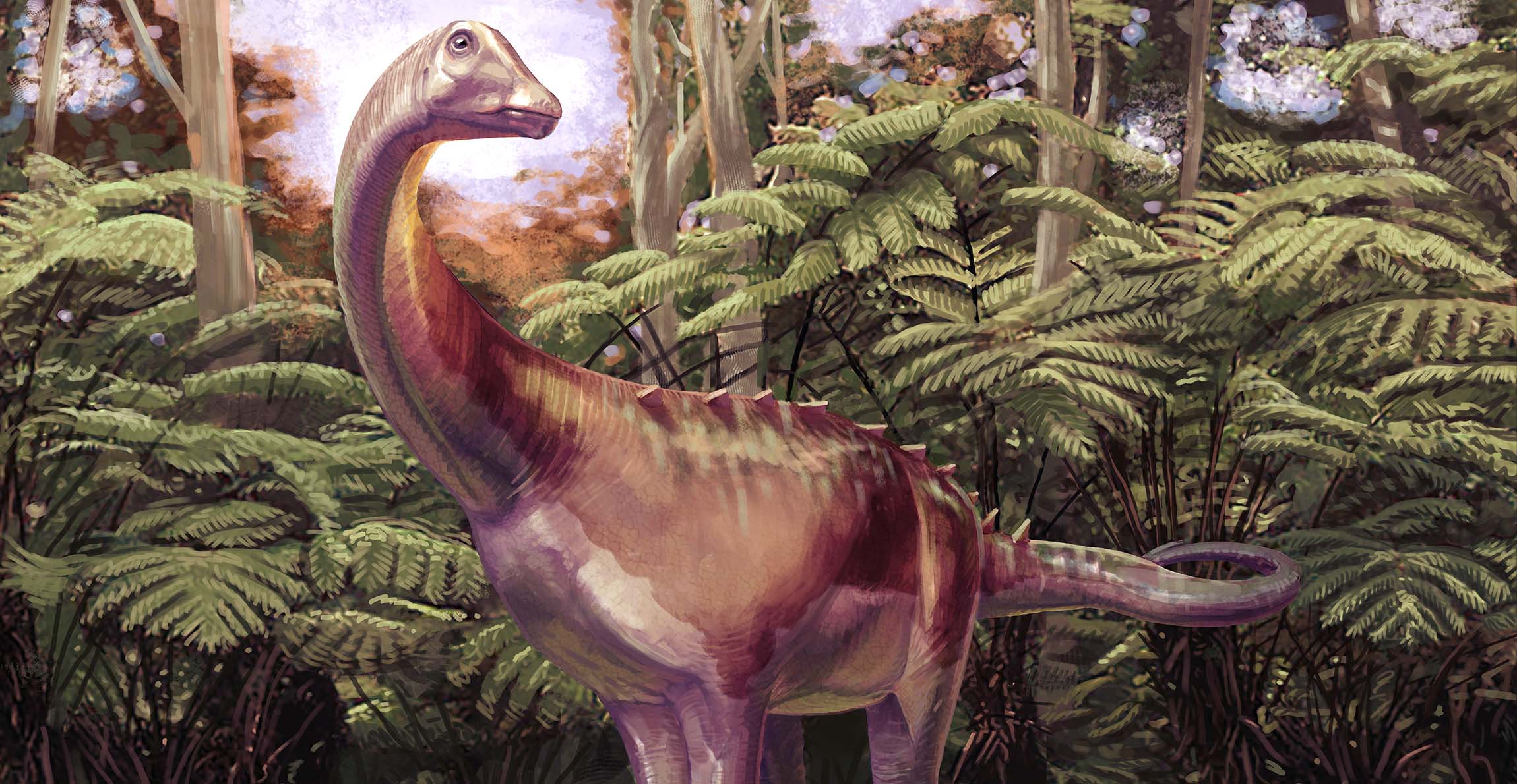 A reconstruction of what Antarctica looked like during the Cretaceous showing a lush forest with a long-necked titanosaur dinosaur standing among the foliage.