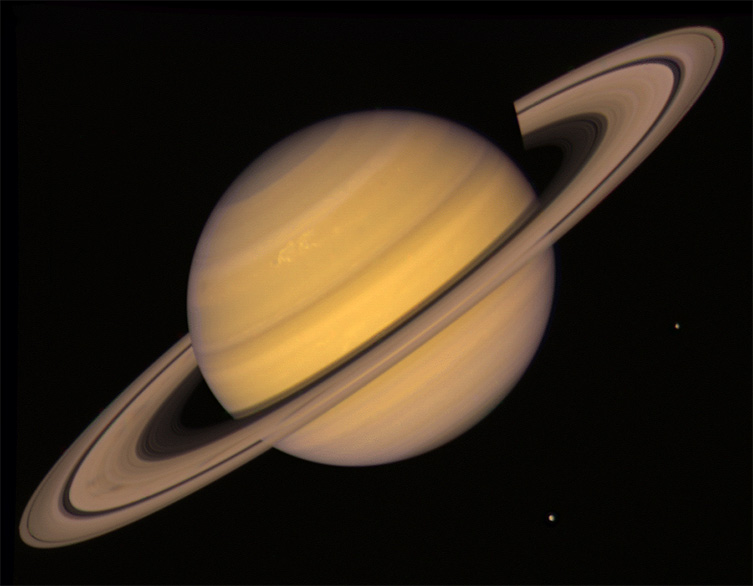 A photograph of Saturn taken by the Voyager 2 probe.