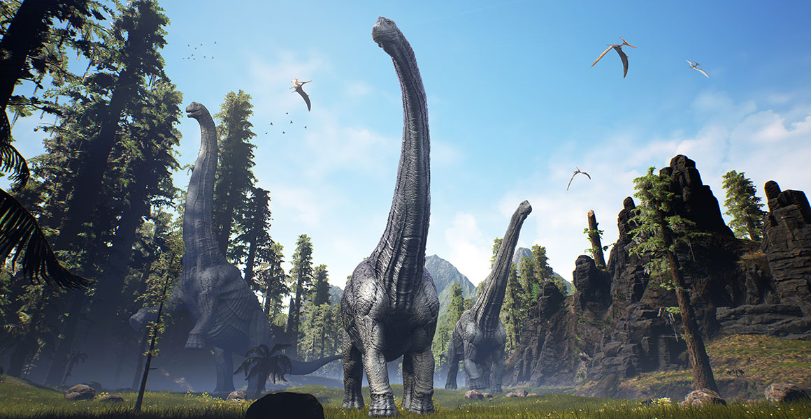 Three large Alamosaurus dinosaurs in a forest. One is eating the leaves at the top of a tree. Pterosaurs are flying around them.