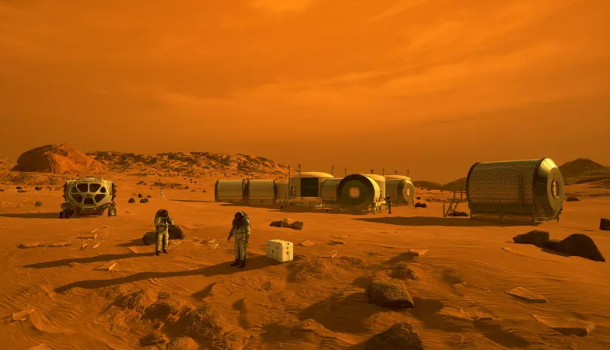 An artist's illustration of astronauts working on the surface of Mars.